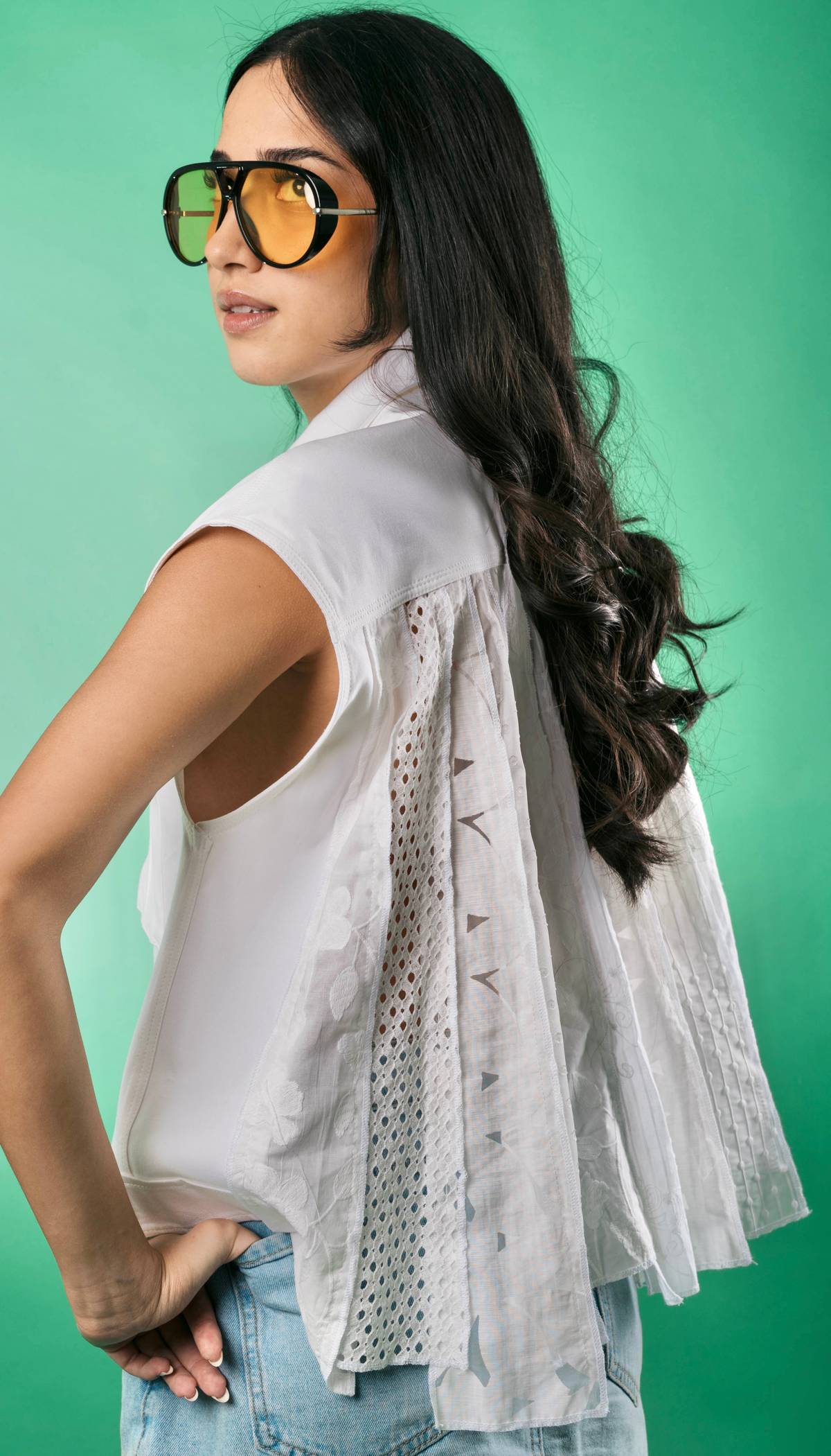 WHITE Shirtjack with white lace, mesh, jacquard scraps