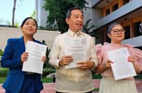 LAWMAKERS from the Makabayan bloc during the filing of House Bill 8765 at the House of Representatives in Quezon City.