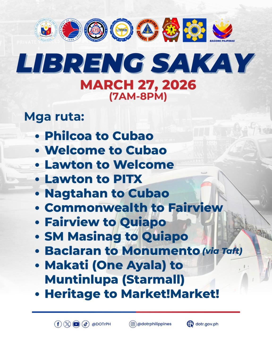 DEPARTMENT of Transportation announced five new routes for the second day of its "Libreng Sakay" initiative this Friday.