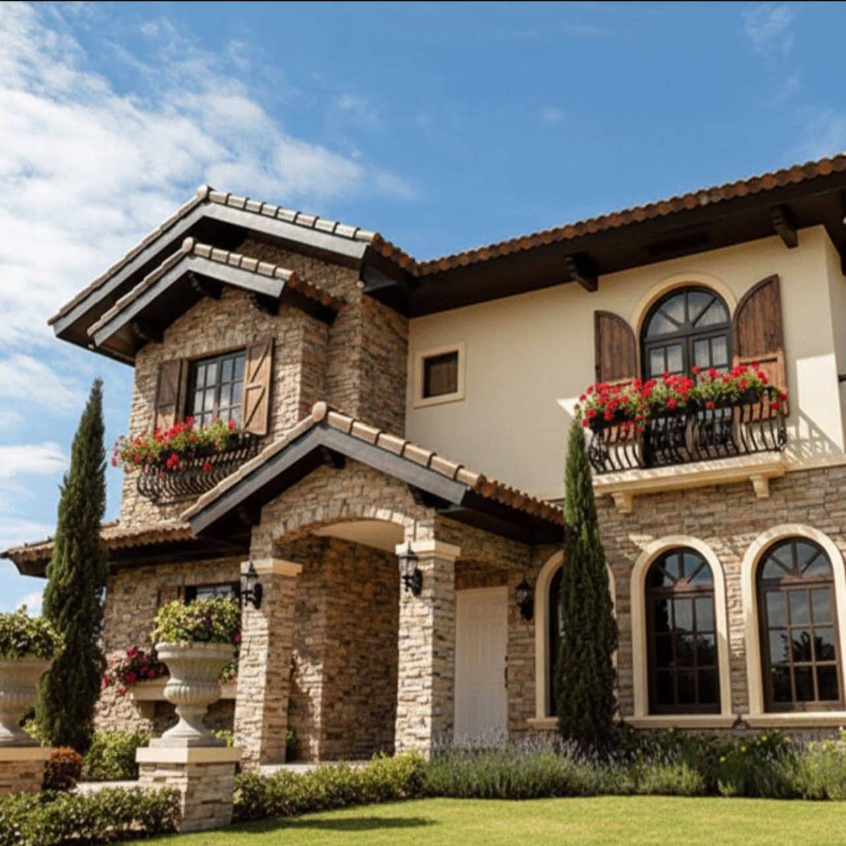 THE facade features natural stone creating a warm look.