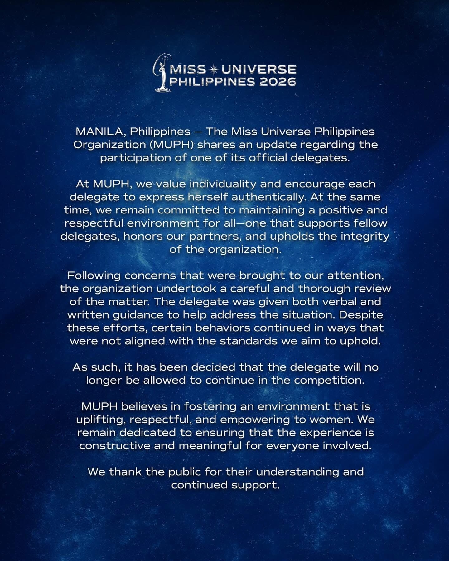 Miss Universe Philippines drops delegate after review