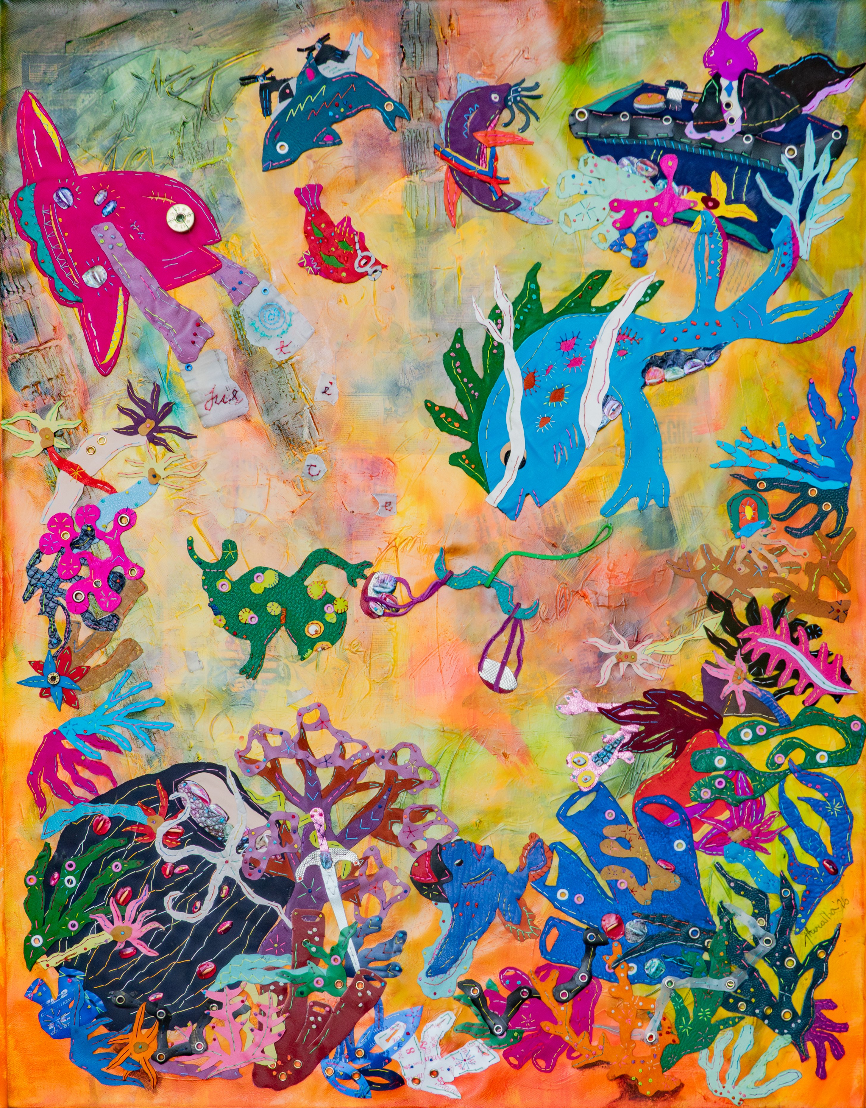‘FINS and Verdicts’ (acrylic on canvas, leather, grommets, spent 12-gauge brass bullet head and bullet shells).