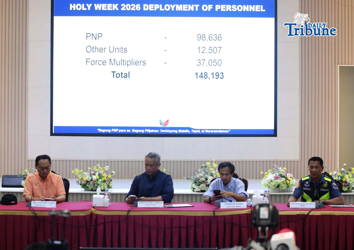 (March 31 2026) DILG Secretary Juanito Victor C. Remulla leads the Inter-agency Press Briefing regarding the PNP personnel deployment during Holy Week exodus and update of the Maharlika High together with DOTr Secretary Giovanni Z. Lopez, DPWH Secretary Vivencio B. Dizon, and Chief PNP PGen. Jose Melencio C. Nartatez Jr. at the Camp Crame in Quezon City on Tuesday, March 31, 2026. Photo/Analy Labor