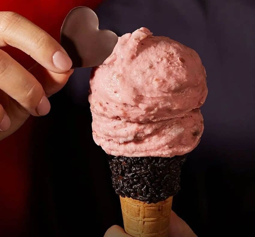 A SCOOP of rich gelato topped with chocolate accents.