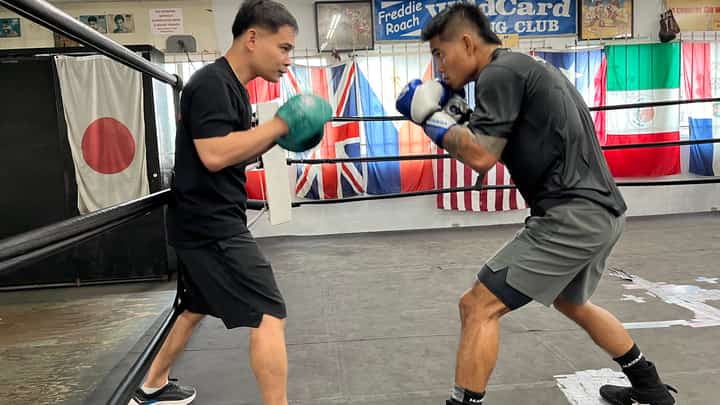 MARK Magsayo reviews his fight plan against Feargal McCrory with lead trainer Marvin Somodio on Tuesday at the Wild Card Boxing Club in Hollywood.