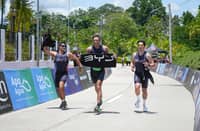 THE BYD Celebrity Relay Team of Wil Dasovich (Swim), Nico Bolzico (Run), and Alden Richards (Bike) finishes in the Top 8 out of 32 teams in the Male Relay category.