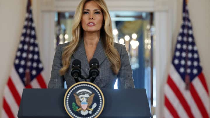 WASHINGTON, DC - APRIL 09: U.S. first lady Melania Trump delivers a statement in the Grand Foyer of the White House on April 9, 2026 in Washington, DC. The first lady made a public statement to deny any ties to Jeffrey Epstein.