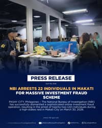 Operatives from the NBI Cybercrime Division and Special Action Unit dismantle a large-scale investment fraud ring during a raid in Makati City. The operation led to the arrest of 22 suspects at a Gil Puyat Avenue business plaza who allegedly used manipulated trading platforms and fabricated profits to deceive investors.