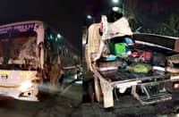 Aftermath of a fatal road crash between a passenger bus and a service vehicle in Camarines Sur, leading to the deaths of five individuals.