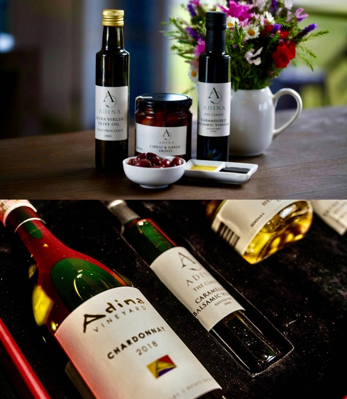 A TASTE of Hunter Valley in one elegant kit, featuring Adina Vineyard Chardonnay and Reserve Shiraz, paired with Classic Caramelised Balsamic Vinegar and Herb & Garlic Olives for a refined gourmet experience.