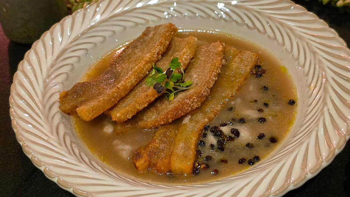 KBL — puffed kadyos, fried pork belly and langka purée.