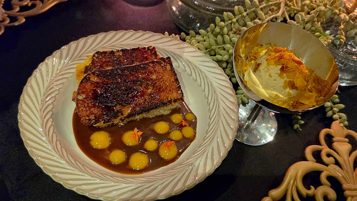 BRIOCHE with Leon mangoes, muscovado caramel and langka turon ice cream.