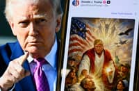 THIS photo illustration created on 13 April 2026 shows a picture of US President Donald Trump on a screen and an AI-generated picture he posted on his Truth Social platform depicting himself as Jesus Christ after criticizing Pope Leo XIV. Trump later posted an AI-generated image seemingly depicting himself as Jesus Christ.