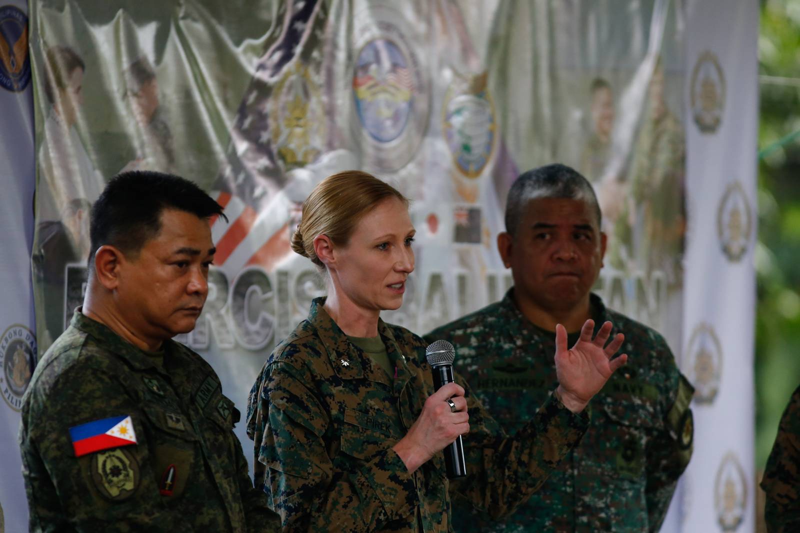 AFP Public Affairs Chief Col. Xerxes Trinidad, US Chief of Combined Joint Information Bureau (CJIB) LTC Lindsay Pirek USMC and Col. Dennis Hernandez, Philippine Navy, Ex Balikatan 41-2026 Spokesperson (PH)