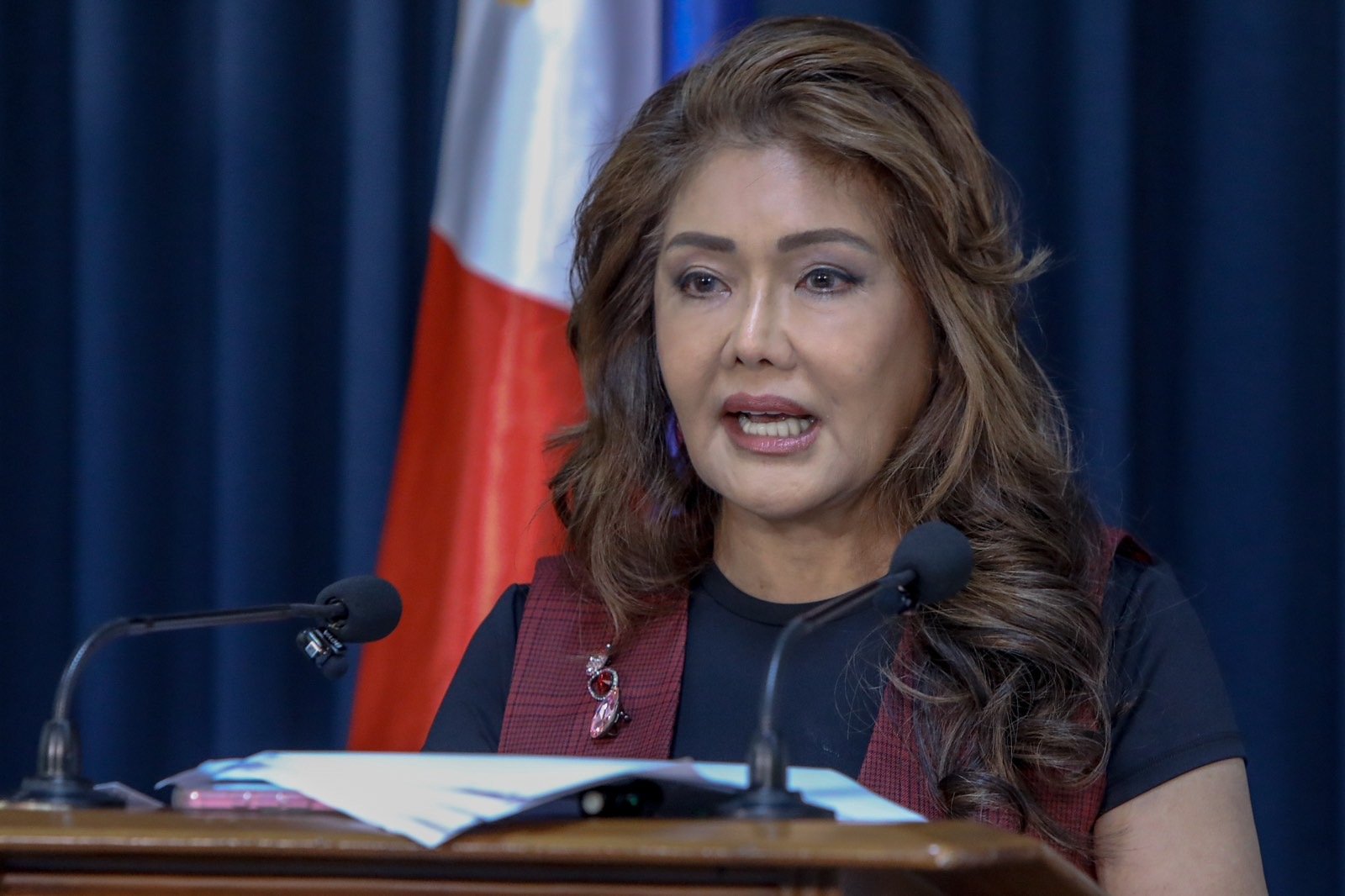 Senator Imee Marcos on Wednesday, 14 April, 2026 faces the members of the press in Pasay City refuting allegations by Ramil Madriaga amid the impeachment complaint filed in Congress yesterday against Vice President Sara Duterte.| Aram Lascano