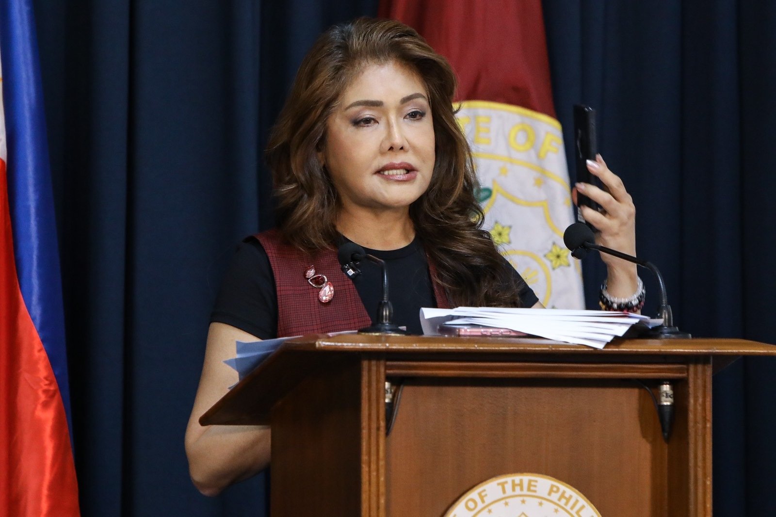 Senator Imee Marcos on Wednesday, 14 April, 2026 faces the members of the press in Pasay City refuting allegations by Ramil Madriaga amid the impeachment complaint filed in Congress yesterday against Vice President Sara Duterte.| Aram Lascano