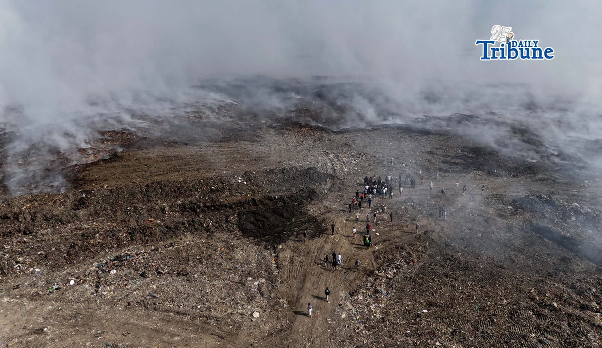 LANDFILL BLAZE FROM ABOVE: An aerial view of the Navotas Sanitary Landfill on 16 April 2026 shows a fire that has been burning for days, affecting nearby communities in Navotas, Malabon, and Obando, Bulacan. Photo by Analy Labor.