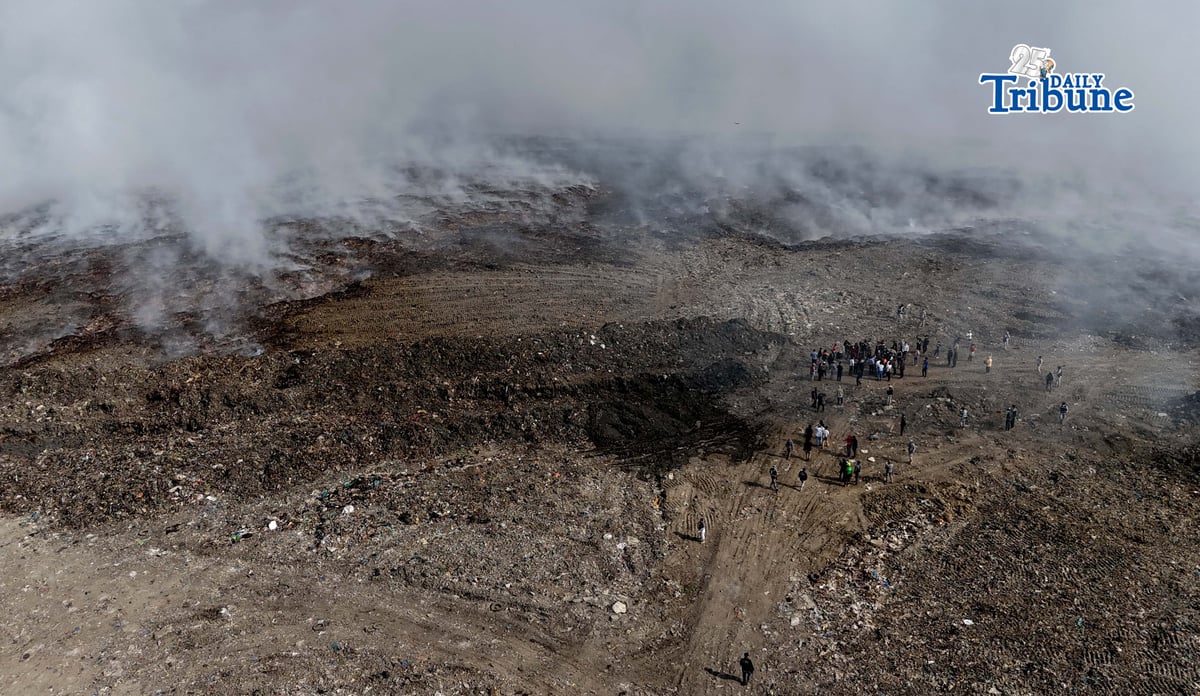 LANDFILL BLAZE FROM ABOVE: An aerial view of the Navotas Sanitary Landfill on 16 April 2026 shows a fire that has been burning for days, affecting nearby communities in Navotas, Malabon, and Obando, Bulacan. Photo by Analy Labor.
