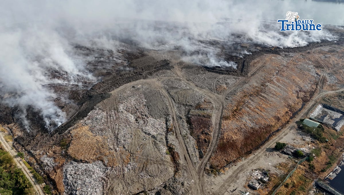 LANDFILL BLAZE FROM ABOVE: An aerial view of the Navotas Sanitary Landfill on 16 April 2026 shows a fire that has been burning for days, affecting nearby communities in Navotas, Malabon, and Obando, Bulacan. Photo by Analy Labor.
