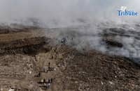 LANDFILL BLAZE FROM ABOVE: An aerial view of the Navotas Sanitary Landfill on 16 April 2026 shows a fire that has been burning for days, affecting nearby communities in Navotas, Malabon, and Obando, Bulacan. Photo by Analy Labor.