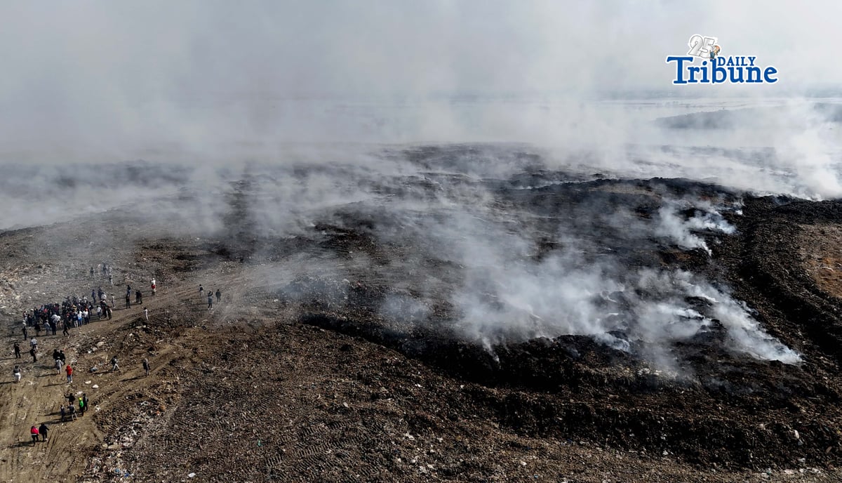 LANDFILL BLAZE FROM ABOVE: An aerial view of the Navotas Sanitary Landfill on 16 April 2026 shows a fire that has been burning for days, affecting nearby communities in Navotas, Malabon, and Obando, Bulacan. Photo by Analy Labor.
