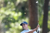 LUDVIG Åberg of Sweden hits from a bunker on the 16th hole during the opening round of the RBC Heritage at Harbour Town Golf Links in Hilton Head Island, South Carolina.