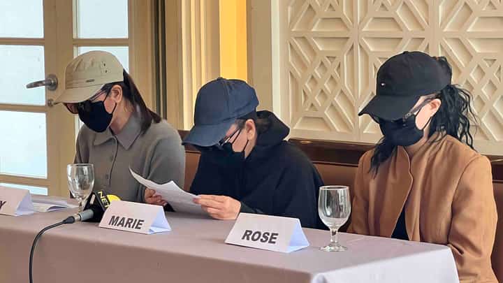 The three wives of Filipino seafarers who pleaded for help to President Ferdinand Marcos Jr. on Saturday in a press briefing in Manila.