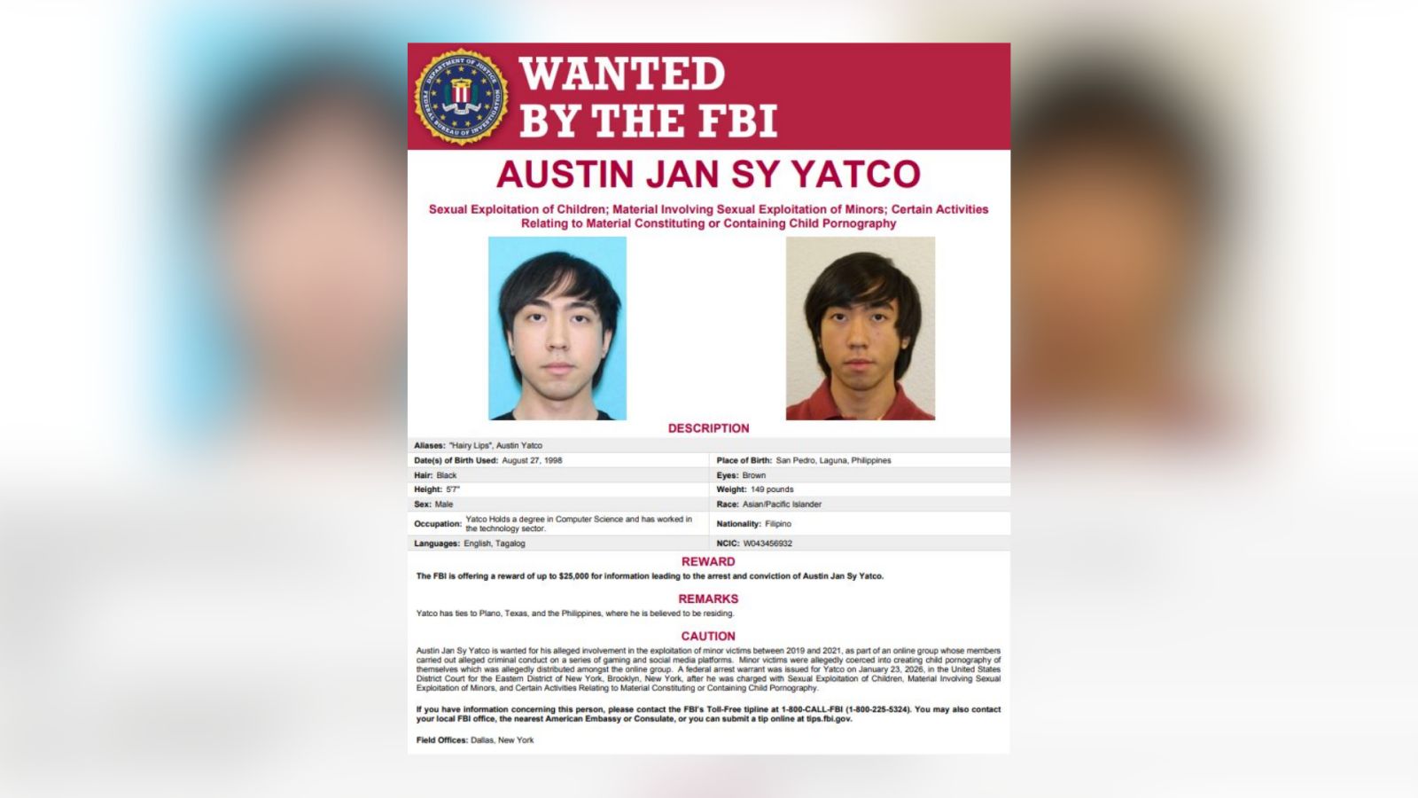 FBI offers $25,000 reward for Filipino content creator accused of child exploitation network

