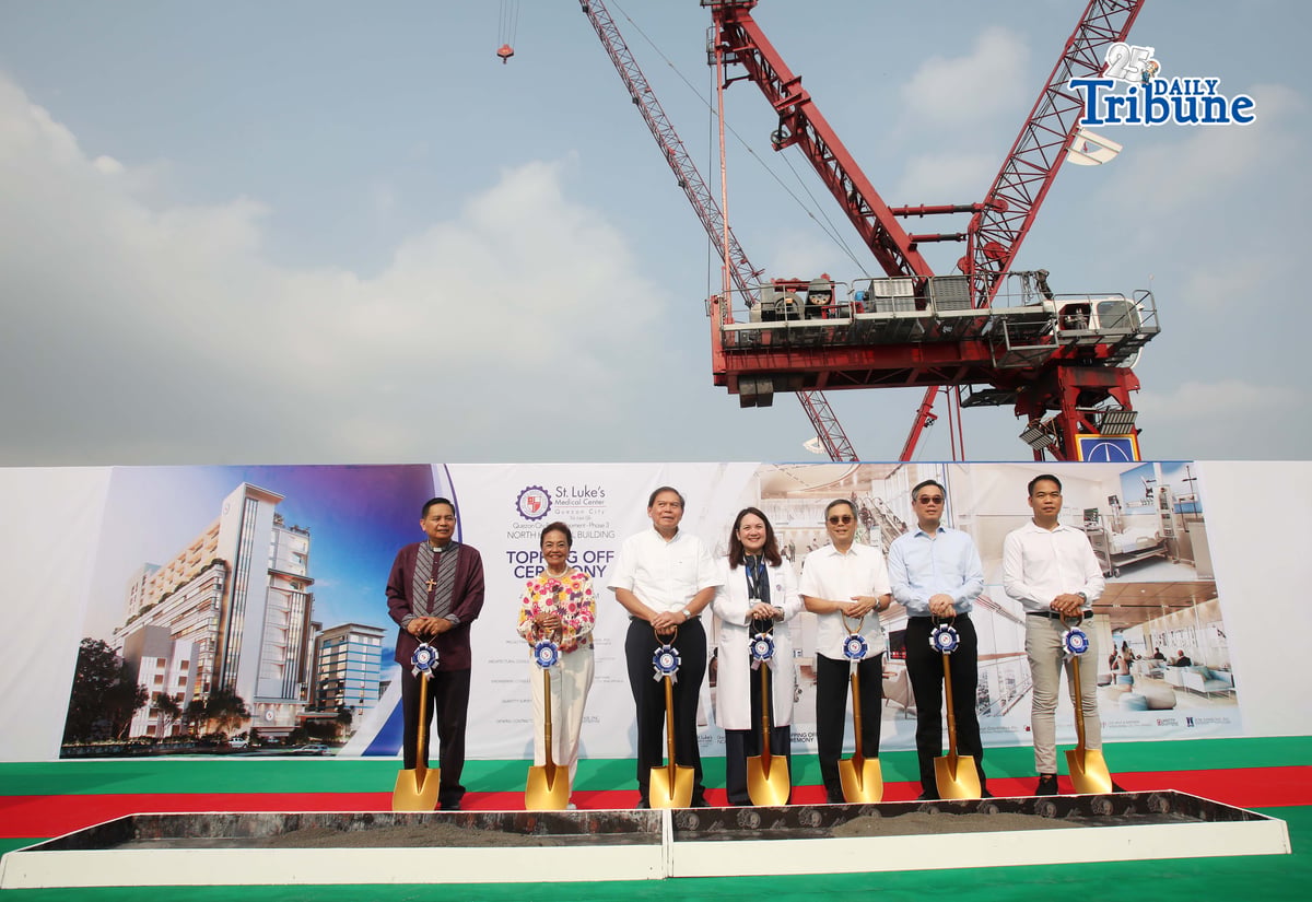 (April 20 2026) Prime Prishap Nelson Poltic, Board Member SCMC Mrs Leonora A Calali, 1st Vice Chairman of SCMC Atty. Cirito Noel, SVP and Medical Director Dr. Deborah Ona, SCMC Board Member Jose Ma. Montinola, SCMC Board Member Edison Yap, VP for Construction and Project Management of SCMC Development Group Arch. Wilfredo Abarquez, lead the traditional Topping Off ceremony of the St. Luke’s Quezon City North Hospital building a 13-storey building bedside the St Lukes College of Medicine at Sta. Ignaciana street in Quezon City, on Monday April 20 2026, this is slated for completion in 2027. Photo/Analy Labor