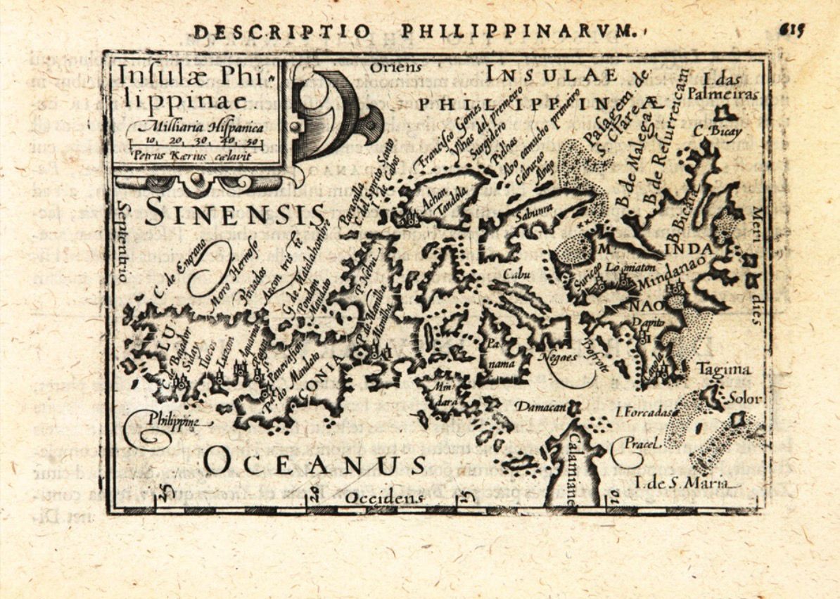 INSULAE Philippinae (Philippine Islands) by PETRUS KAERIUS (PIETER VAN DEN KEERE) 1598. Copperplate engraving est 5.5-6.75 x 7-8.5 in.