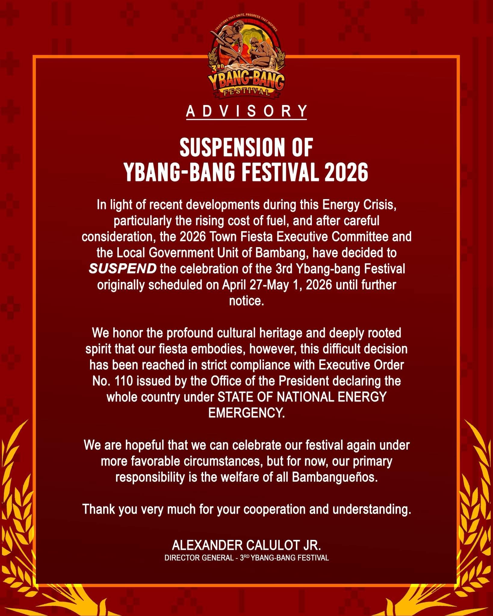 Bambang suspends Ybang-bang Festival amid crisis