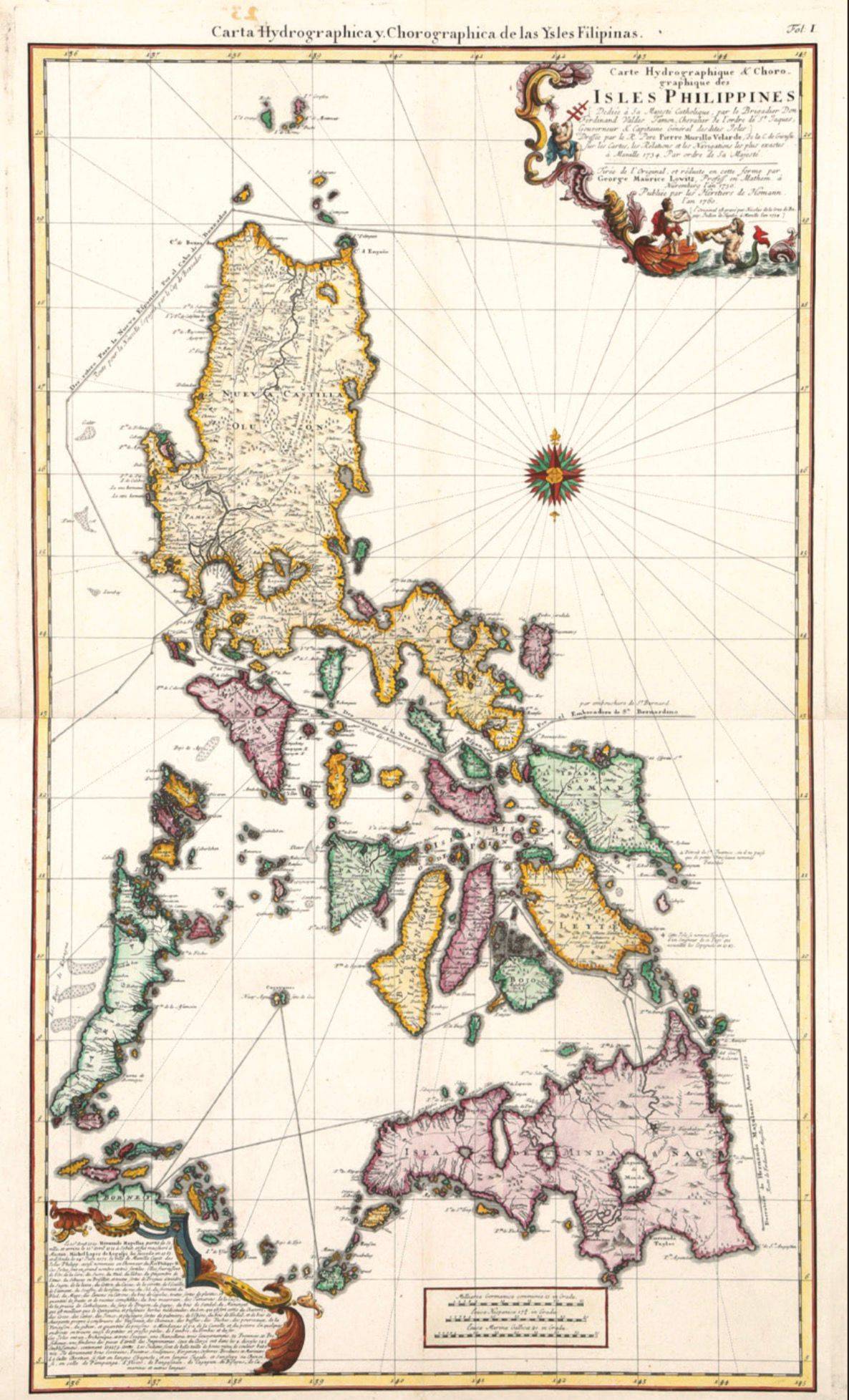 CARTA Hydrographica y Chorographica de las Ysles Filipinas (Hydrographic and Chorographic Map of the Philippine Islands) by Georg Moritz Lowitz / The Homann Heirs 1760. After the landmark 1734 map by Pedro Murillo Velarde, S.J. Copperplate engraving with original hand color 24.5-26 in. x 17.25-19 in.