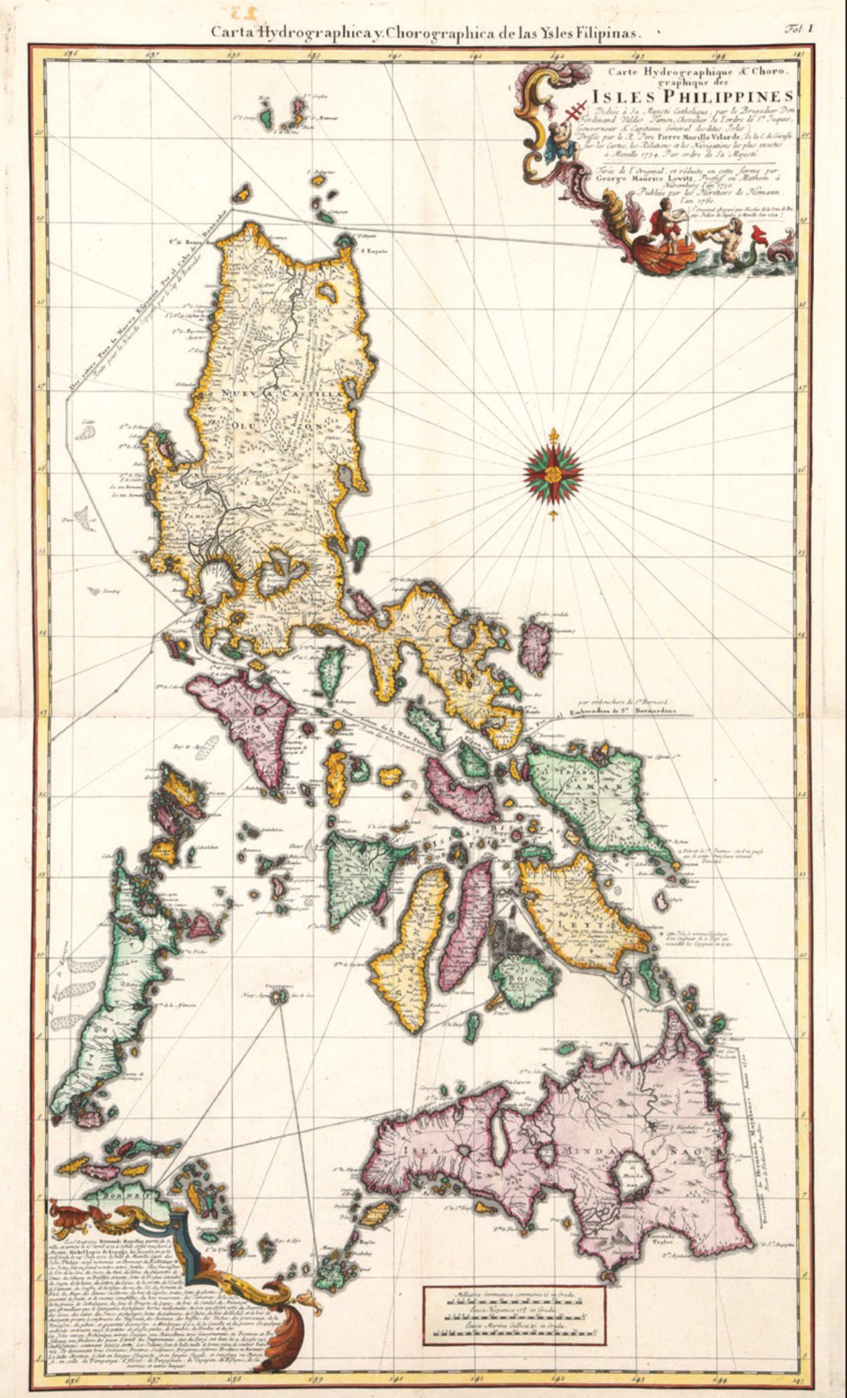 CARTA Hydrographica y Chorographica de las Ysles Filipinas (Hydrographic and Chorographic Map of the Philippine Islands) by Georg Moritz Lowitz / The Homann Heirs 1760. After the landmark 1734 map by Pedro Murillo Velarde, S.J. Copperplate engraving with original hand color 24.5-26 in. x 17.25-19 in.