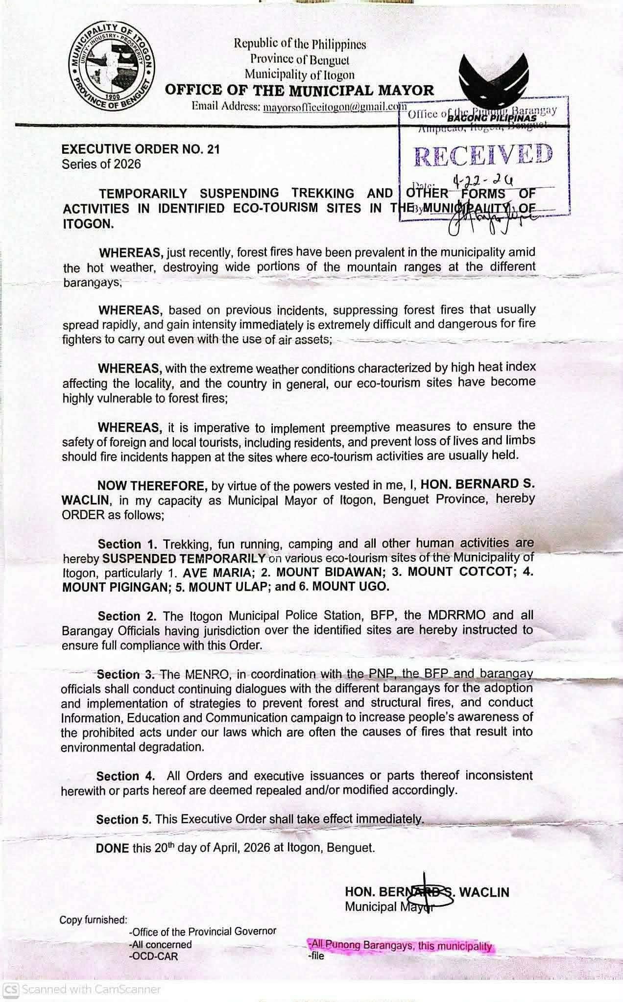 Itogon suspends trekking amid forest fires