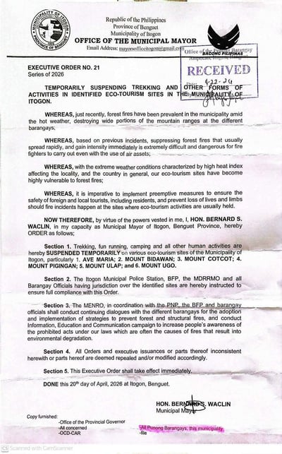 Itogon suspends trekking amid forest fires