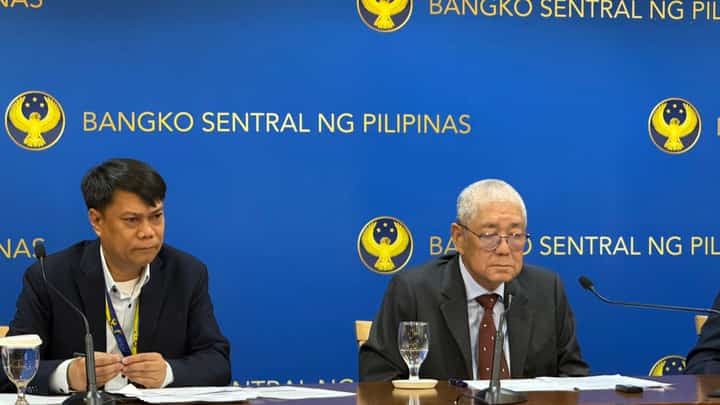 BSP Deputy Governor Zeno Abenoja (left) and BSP Governor Eli M. Remolona Jr. (right) speak at a Thursday, 23 April press conference at the central bank's Manila headquarters.