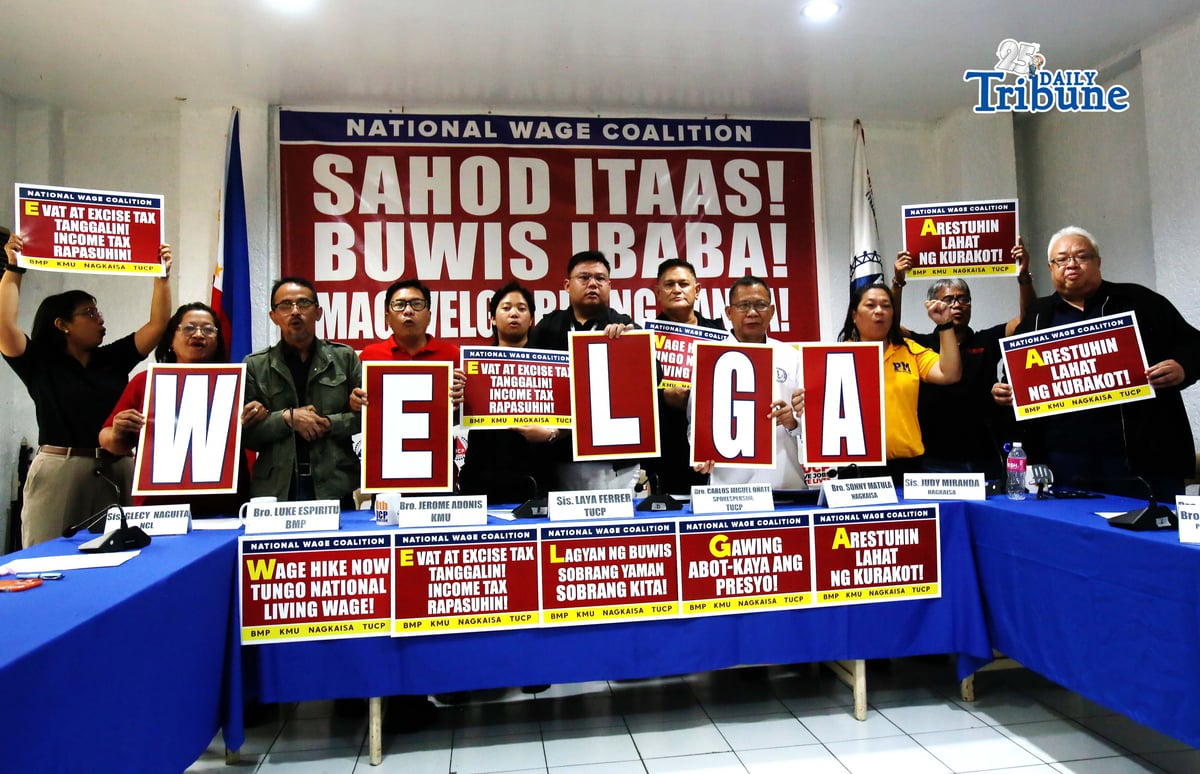(April 28 2026) Bukluran ng Manggagawang Pilipino BMP, Kilusang Mayo Uno KMU, Nagkaisa Labor Coalition NAGKAISA, and Trade Union Congress of the Philippines TUCP, holds a press conference on Tuesday April 28 2026 to announce their protest to held on Labor Day May 1 2026 at Mediola in Manila, to call the government on the wage hike and to lower the Evat and excise tax. Photo/Analy Labor