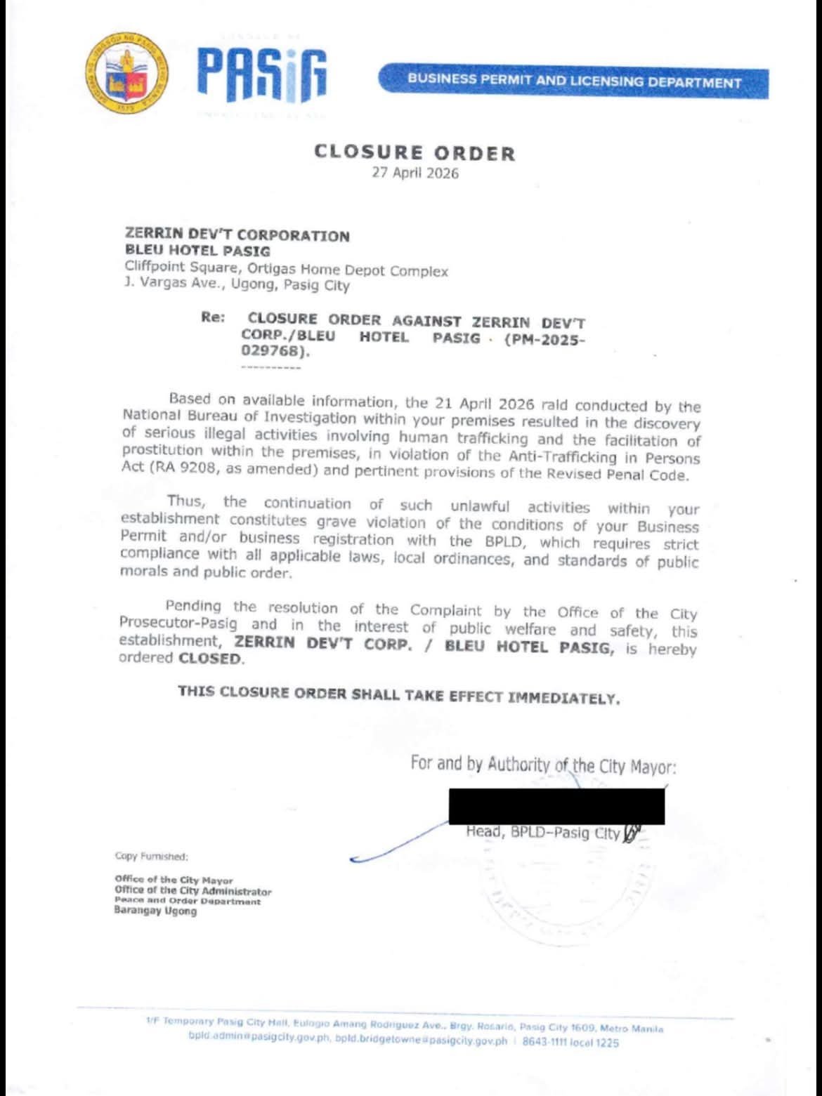 Pasig orders closure of hotel linked to Defensor kin