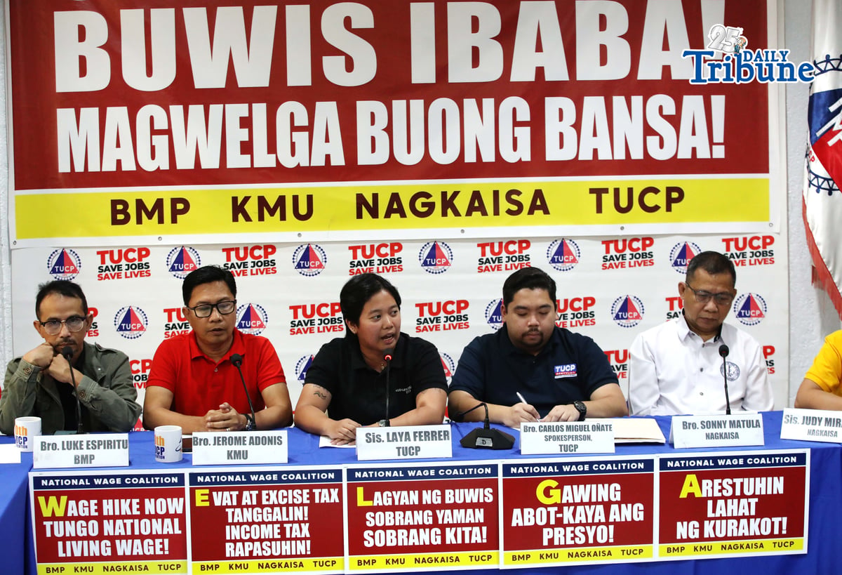 (April 28 2026) Bukluran ng Manggagawang Pilipino BMP, Kilusang Mayo Uno KMU, Nagkaisa Labor Coalition NAGKAISA, and Trade Union Congress of the Philippines TUCP, holds a press conference on Tuesday April 28 2026 to announce their protest to held on Labor Day May 1 2026 at Mediola in Manila, to call the government on the wage hike and to lower the Evat and excise tax. Photo/Analy Labor