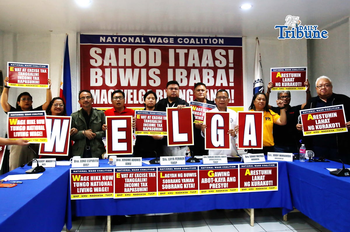 (April 28 2026) Bukluran ng Manggagawang Pilipino BMP, Kilusang Mayo Uno KMU, Nagkaisa Labor Coalition NAGKAISA, and Trade Union Congress of the Philippines TUCP, holds a press conference on Tuesday April 28 2026 to announce their protest to held on Labor Day May 1 2026 at Mediola in Manila, to call the government on the wage hike and to lower the Evat and excise tax. Photo/Analy Labor