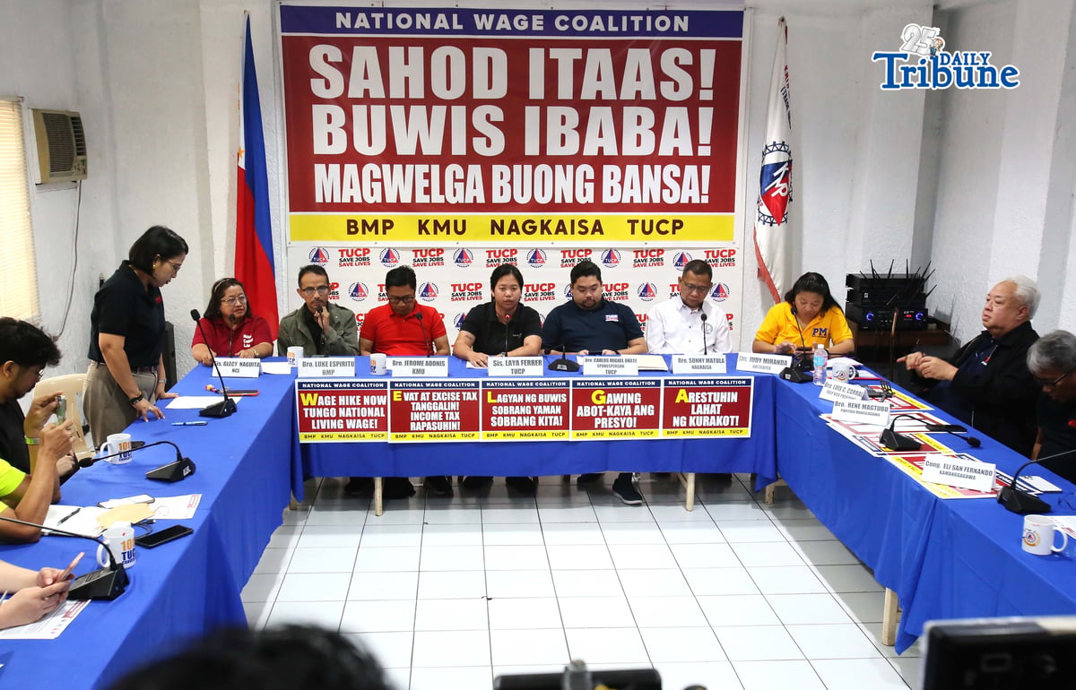 (April 28 2026) Bukluran ng Manggagawang Pilipino BMP, Kilusang Mayo Uno KMU, Nagkaisa Labor Coalition NAGKAISA, and Trade Union Congress of the Philippines TUCP, holds a press conference on Tuesday April 28 2026 to announce their protest to held on Labor Day May 1 2026 at Mediola in Manila, to call the government on the wage hike and to lower the Evat and excise tax. Photo/Analy Labor
