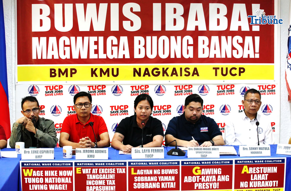 (April 28 2026) Bukluran ng Manggagawang Pilipino BMP, Kilusang Mayo Uno KMU, Nagkaisa Labor Coalition NAGKAISA, and Trade Union Congress of the Philippines TUCP, holds a press conference on Tuesday April 28 2026 to announce their protest to held on Labor Day May 1 2026 at Mediola in Manila, to call the government on the wage hike and to lower the Evat and excise tax. Photo/Analy Labor