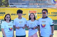 KATHLYN Bugna (third from left) shines anew, capturing three more titles, including two in singles, at the Bagong Pilipinas Junior tennis tournament and cementing her status as one of the country’s brightest young stars. Joining her are Tricel Martin, co-MVP Anthony Castigador, and coach Ronald Martin.