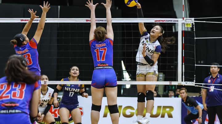XYZ Rayco delivers the crucial hit that lifted the NUNS Lady Bullpups to a 20-25, 32-30, 15-12 win over St. John’s Institute in the SGVIL Rising Stars Cup Division 1 on Wednesday.