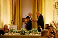 KING Charles III and United States President Donald Trump give a toast in the East Room during an official state dinner hosted by the President and First Lady at The White House on 28 April 2026 in Washington, DC.