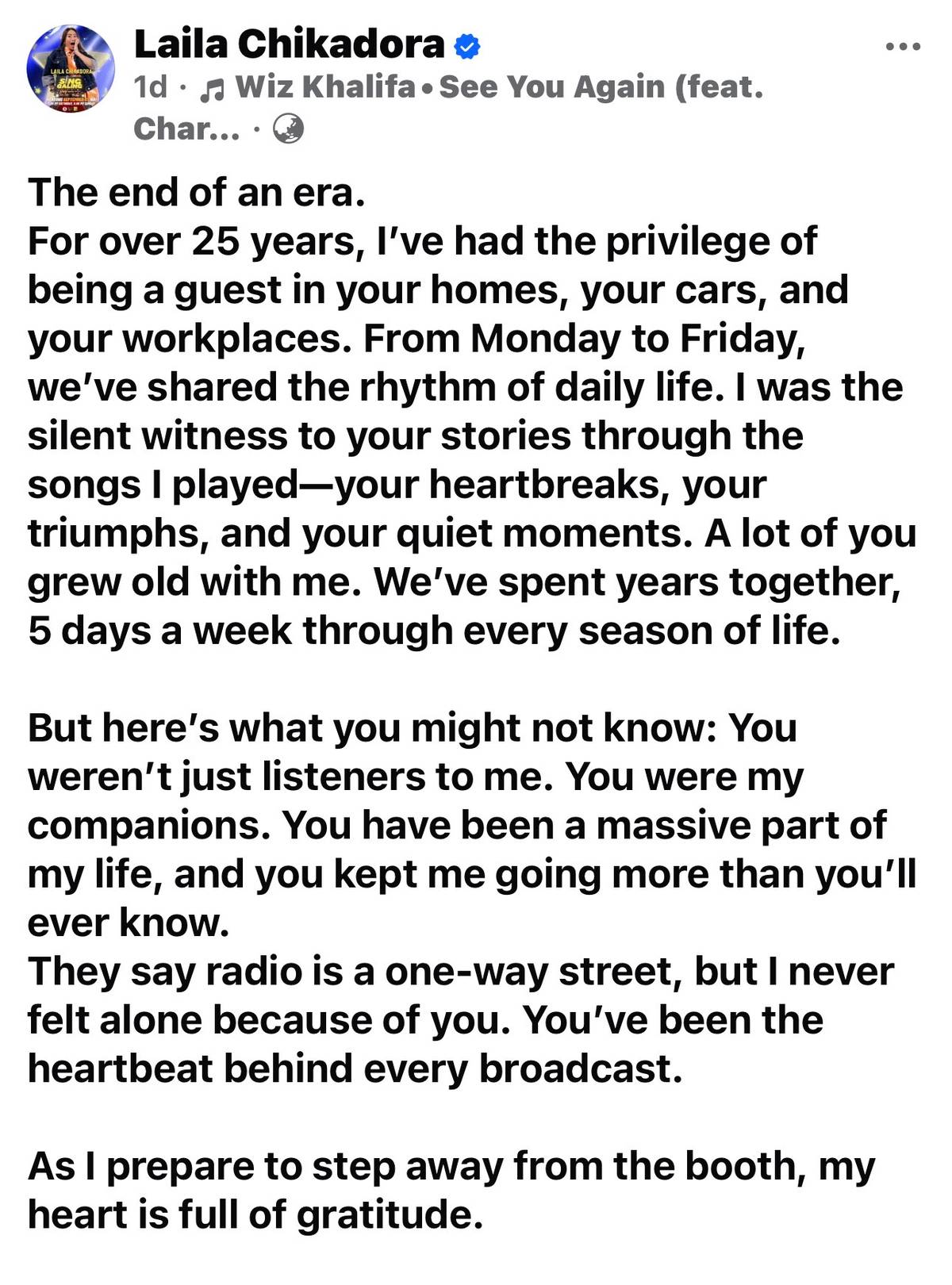 Laila Chiladoras farewell post