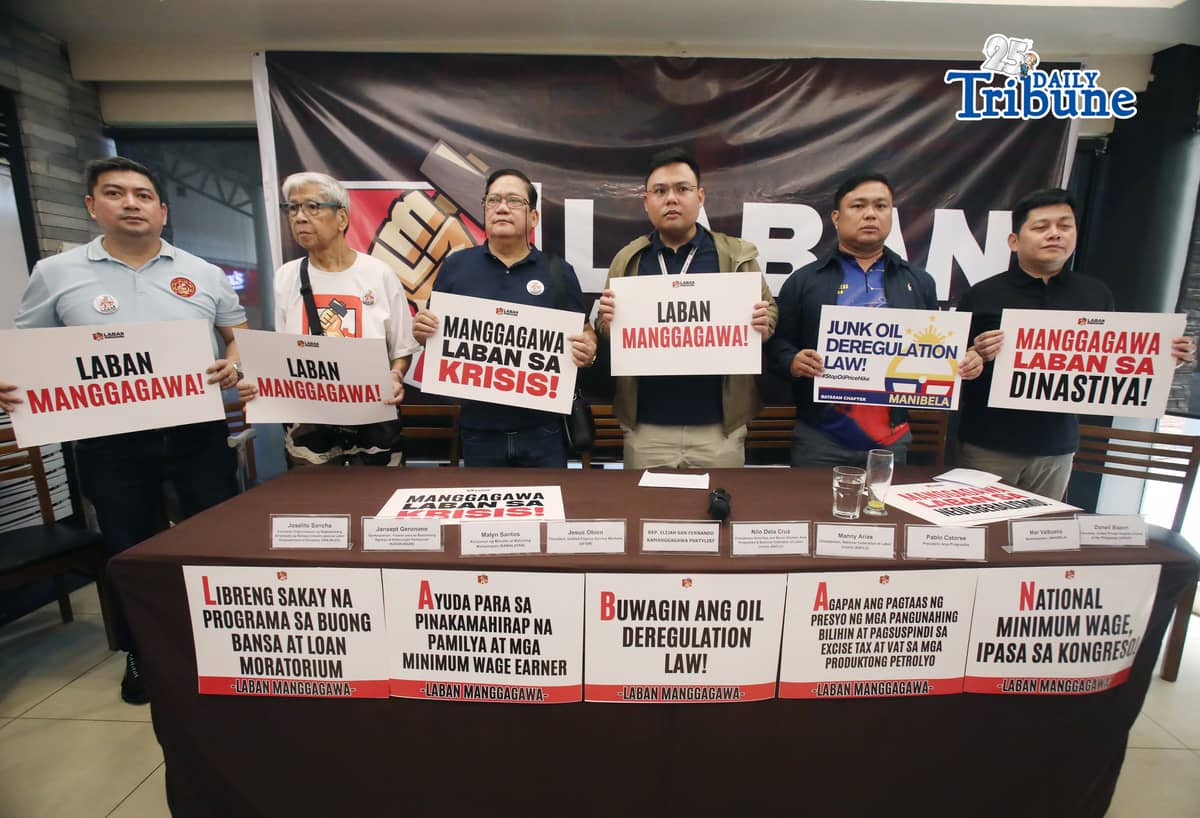 (April 30 2026) LABAN MANGGAGAWA, a newly formed coalition of workers under long-serving federations
National Federation of Labor Unions (NAFLU), National Federation of Labor (NFL) and Transport Group, organization led by Kamanggagawa Partylist Representative Elijah San Fernando form the coalition “Laban Manggagawa” as they urge others to join the massive mobilization for the May 1 Labor Day protest against the unjust high fuel prices which burdens the hard working laborers in the country during a press conference in Quezon City on Thursday April 30 2026. Photo/Analy Labor
