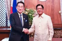 PRESIDENT Ferdinand Marcos Jr. shakes hands with with former Japanese Prime Minister Fumio Kishida, Supreme Adviser to the Parliamentary Association of the Asia Zero Emission Community during a courtesy call by Kishida in Malacañang on Thursday.
