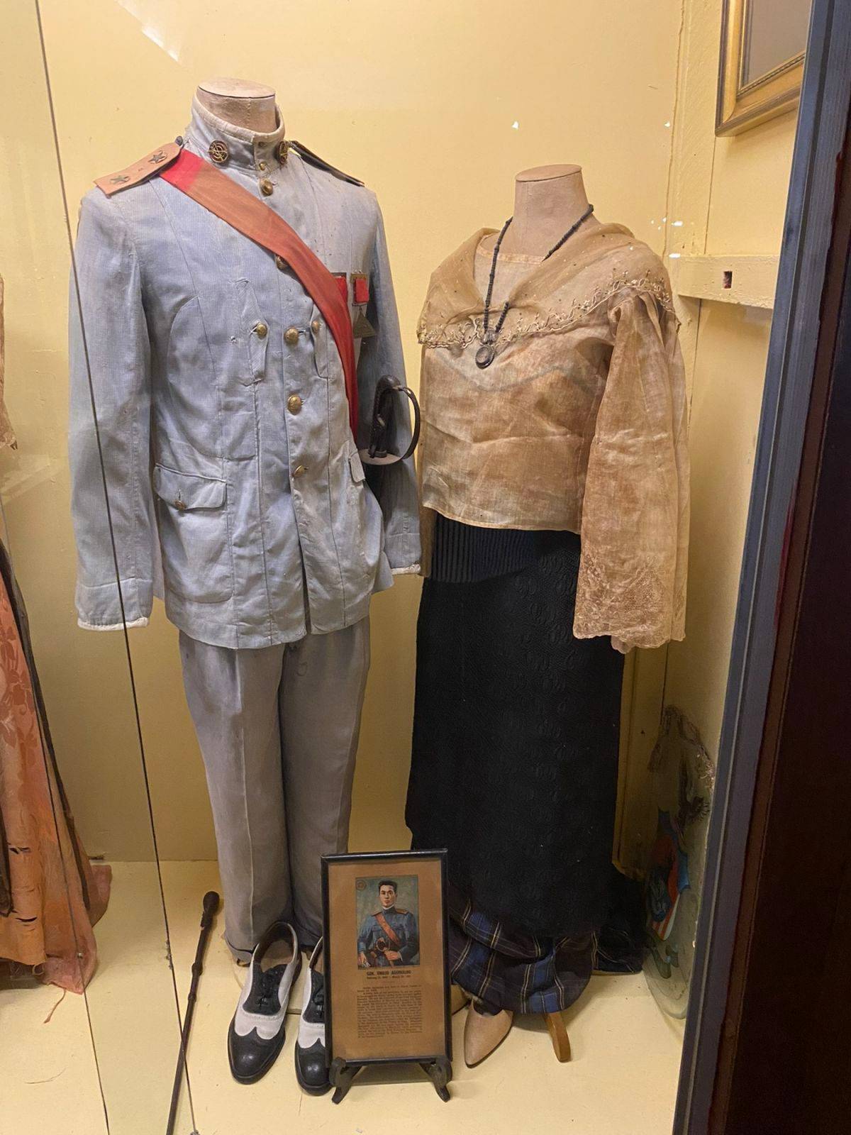 Historic garments worn by Philippine President Emilio Aguinaldo and his wife, offering a rare glimpse into his presidential-era style.