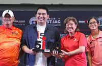 CAMIGUIN Gov. XJ Romualdo (second from left) holds the Camiguin 5150 M-Dot trophy during the press conference ahead of the IRONMAN 5150 Camiguin race set on Sunday. Joining him are (from left) Rep. JJ Romualdo, Sunrise Events Inc. president Princess Galura, and multi-titled triathlete Bea Quiambao.